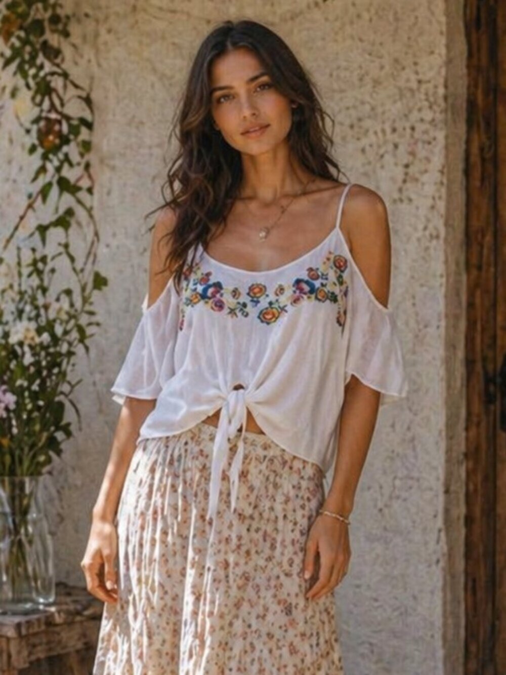 Polly & Esther White Floral Blouse Open Shoulder Tie Front Small